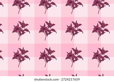 Patrón floral inconsútil con el fondo a cuadros rosado, muestra disponible en el panel de muestras, ilustración dibujada a mano de la flor