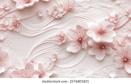 Seamless floral pattern with pink cherry blossoms and branches, perfect for spring or summer decoration
