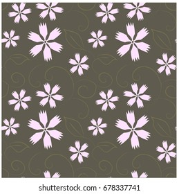Seamless floral pattern. Pink cloves, brown swirls on gray stock vector illustration