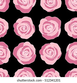 Seamless floral pattern in pink colors. Motley roses on a black background with a band of flowers. Watercolor painting seamless pattern.
