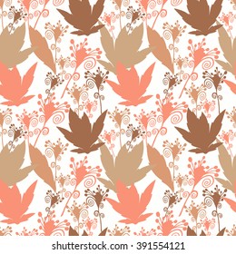 Seamless floral pattern with pink curl flowers and leaves on white background.