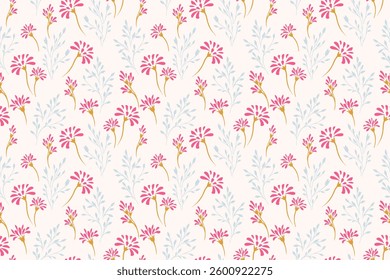 Seamless floral pattern with pink daisies with blue stems on a light background. Perfect for summer themed projects, stationery, textiles, and gift wraps.