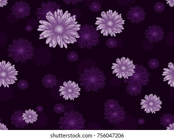 Seamless floral pattern with pink daisy flowers on dark violet background