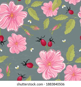 Nahtlose Blumenmuster mit rosa Hunderosen und -Früchten