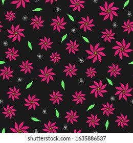 Seamless floral pattern of pink doodle flowers, green leaves, white elements on black. Vector repeating flower background for wallpaper. textile, print, wrapping, fashion, scrapbooking design.