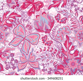 Seamless floral pattern with pink fantasy flowers and butterflies on colorful background, vector illustration.