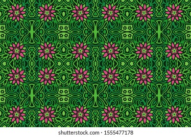Seamless floral pattern with pink flowers on beautiful green abstract background