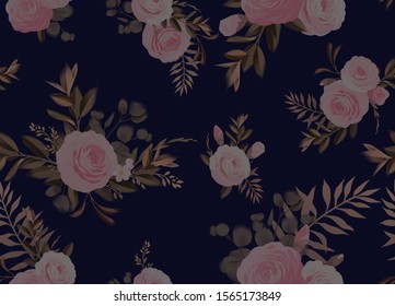 Seamless floral pattern with pink flowers on dark background. Template design for textiles, interior, clothes, wallpaper. Vector illustration art
