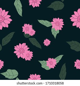 Seamless floral pattern pink flowers and green leaves repeat endless nature background cover texture for textile, clothing, linens, wallpapers, wrapping paper, fashion fabric prints