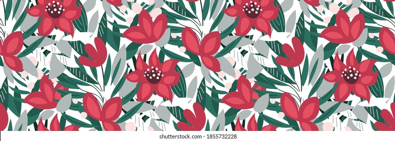 Seamless floral pattern with pink flowers, leaves on a white background. Elegant Botanical print in a simple hand-drawn style. The perfect template for fashion design, fabrics, Wallpapers... Vector