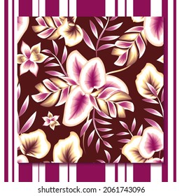 Flores rosas y plantas sin foco floral sobre un fondo pastel rosa oscuro aislado. Dibujo manual de acuarela de ilustración vectorial. Para textura de diseño de impresión de tela