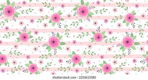 Seamless floral pattern with pink flowers and leaves on striped background.