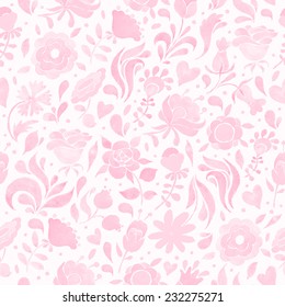 Seamless floral pattern with pink flowers and hearts. Vintage ornament. Watercolor illustration. Vector format.