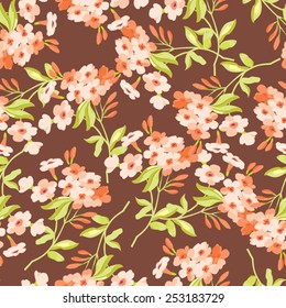 Seamless floral pattern with pink flowers on brown fonts