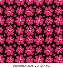 Seamless floral pattern with pink flowers on black background. Floral pattern for fabrics, textile, wallpapers and decoration use.