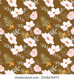 Seamless floral pattern with pink flowers and green leaves on brown background.