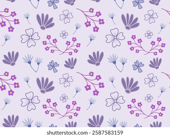 Seamless floral pattern with pink flowers in a vintage design, soft purple tones.