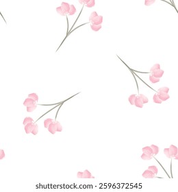 Seamless floral pattern of pink flowers on a green branch painted with watercolor brushes on a white background. Botanical texture. Floral background.