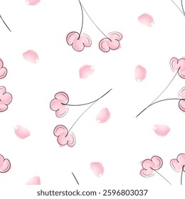Seamless floral pattern of pink flowers with outline, painted with watercolor brush on white background. Botanical texture. Floral background.