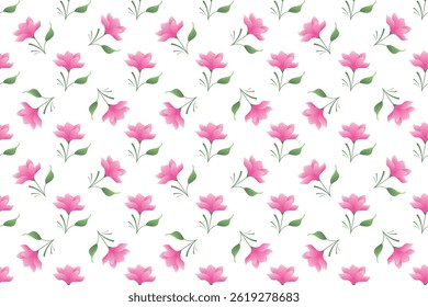 Seamless floral pattern with pink flowers and green leaves. Elegant spring or summer botanical design, vector illustration for fabric, wrapping paper, wallpaper.