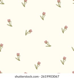 Seamless floral pattern with pink flowers. Pink tulips on white background, vector illustration.	
