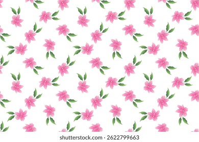 Padrão floral sem emenda com flores cor-de-rosa e folhas verdes. Design botânico de primavera ou verão, para tecido, papel de embrulho, papel de parede, roupa de cama. Ilustração vetorial.