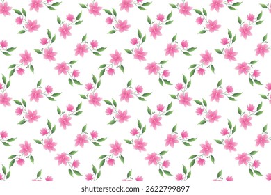 Patrón floral sin fisuras con flores rosadas y hojas verdes. Elegante diseño botánico de primavera o verano, para tela, papel de embalaje, Fondo de pantalla, ropa de cama. Ilustración vectorial.