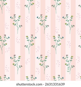 Seamless floral pattern with pink flowers and hearts on a light pink background. Vertical stripes with cute botanical elements in a flat and minimal design. Perfect for fabric, wallpaper, gift wrap, o