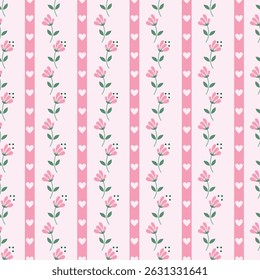 Seamless floral pattern with pink flowers and hearts on a light pink background. Vertical stripes with cute botanical elements in a flat and minimal design. Perfect for fabric, wallpaper, gift wrap, o