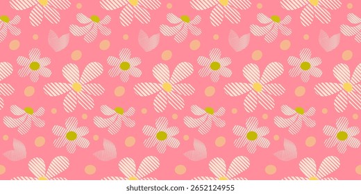 Seamless floral pattern with pink flowers and spring-inspired decorative elements