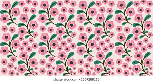 Seamless floral pattern with pink flowers and decorative vintage elements Exotic hand drawn flowers, seamless patterns with floral for fabric, textiles, clothing, wrapping paper, cover, banner
