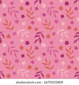 Patrón floral sin fisuras con flores y hojas rosadas sobre fondo rosa