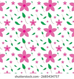 Seamless floral pattern with pink flowers and green leaves on a white background