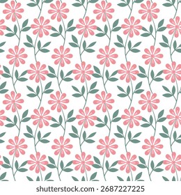 Patrón floral sin fisuras con flores de color rosa con hojas de color verde oscuro sobre un fondo blanco limpio. Diseño de Vector simple para tela, Fondo de pantalla, envoltura de regalo, papelería, embalaje, fondo de Web.