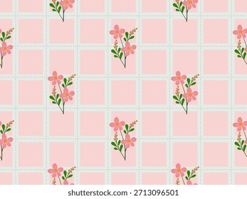 Seamless floral pattern with pink flowers for decorative design. Cute and sweet checkered background.