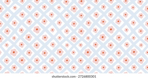 Patrón floral sin fisuras con flores de color rosa sobre un fondo de rejilla geométrica azul claro. Papel de embalaje decorativo y fondos textiles