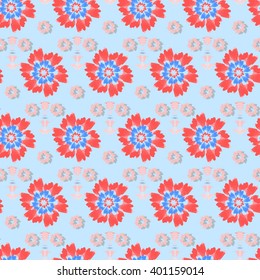 Seamless floral pattern with pink flowers on turquoise background.