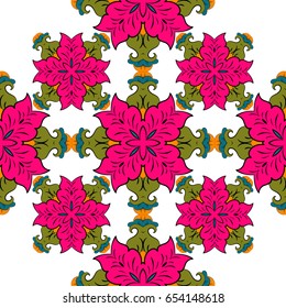 Seamless floral pattern. Pink flowers. White background. Vintage oriental style