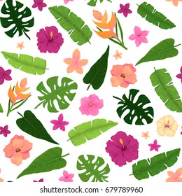 Seamless Floral Pattern of Pink Flowers, Hibiscus and Palm Leaves