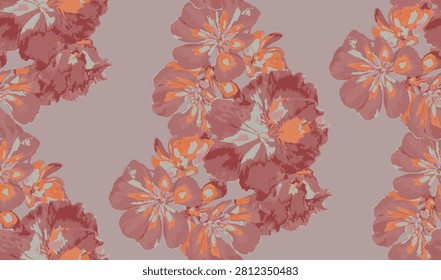 Seamless floral pattern with pink geranium and pelargonium flowers blooming on a dark burgundy background, vector illustration for textile and wallpaper design