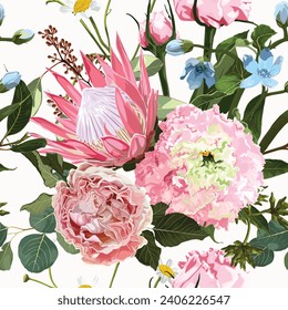 Patrón floral sin foco con protea brillante rosa, flores rosadas, eustoma y hojas tropicales sobre un fondo blanco. 