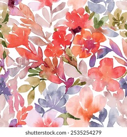 Seamless floral pattern with pink, green and purple color hand drawn art watercolor textured flower and leaf background elements. Tie dye floral pattern design vector