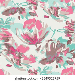 Seamless floral pattern with pink, green and brown colored isolated hand drawn art abstract brush drawing flower and leaf background elements