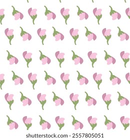 Seamless floral pattern with pink and green simple flowers on white background.