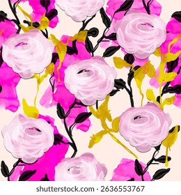 Seamless floral pattern with pink and green hand drawn abstract flower and leaf background elements. Flower garden wallpaper design vector
