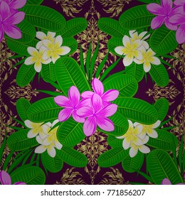 Seamless Floral Pattern in pink, green and purple colors. Vector plumeria flowers seamless pattern.