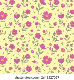 Seamless floral pattern with pink hand drawn summer flowers and green leaves on soft yellow background for fabric textile and wallpaper.