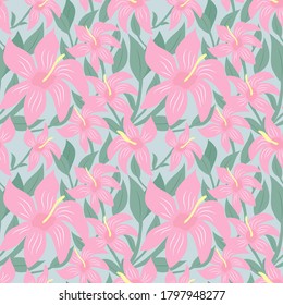Seamless floral pattern. Pink hibiscus flowers. Flat design. Template for background, wallpaper, wrapping, digital paper package Vector illustration