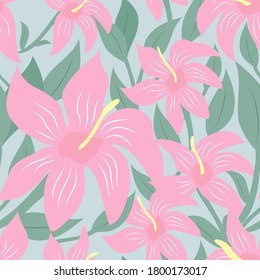 Seamless floral pattern. Pink hibiscus flowers. Flat design. Template for background, wallpaper, wrapping, digital paper package Vector illustration. Big size.