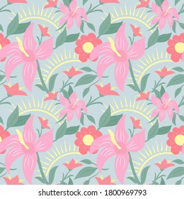 Seamless floral pattern. Pink hibiscus flowers, sun. Flat design. Template for background, wallpaper, wrapping, digital paper package Vector illustration
